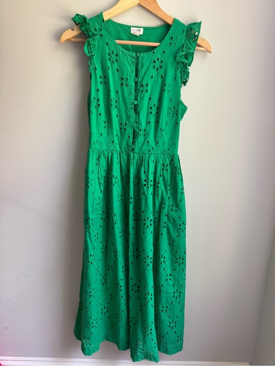 J. Crew Dresses & Skirts - J. Crew Emerald Green Eyelet Midi Dress with Ruffle Sleeves Wedding Garden Party